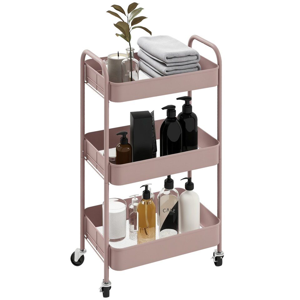 image 1 of HOMCOM 3 Tier Rolling Utility Cart with 3 Mesh Basket, Pink