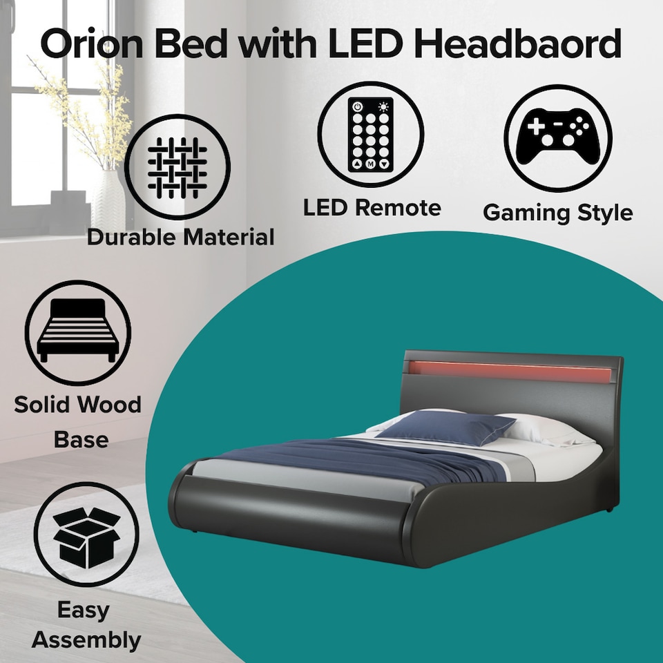 image 1 of Orion LED Lights Headboard Gaming Style Black Faux Leather Bed Frame (Double) | Black | Black | Double