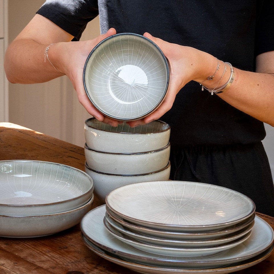 image 1 of Scandi Home 16 Piece Fika Oatmeal Artisan Glaze Ceramic Tableware Set