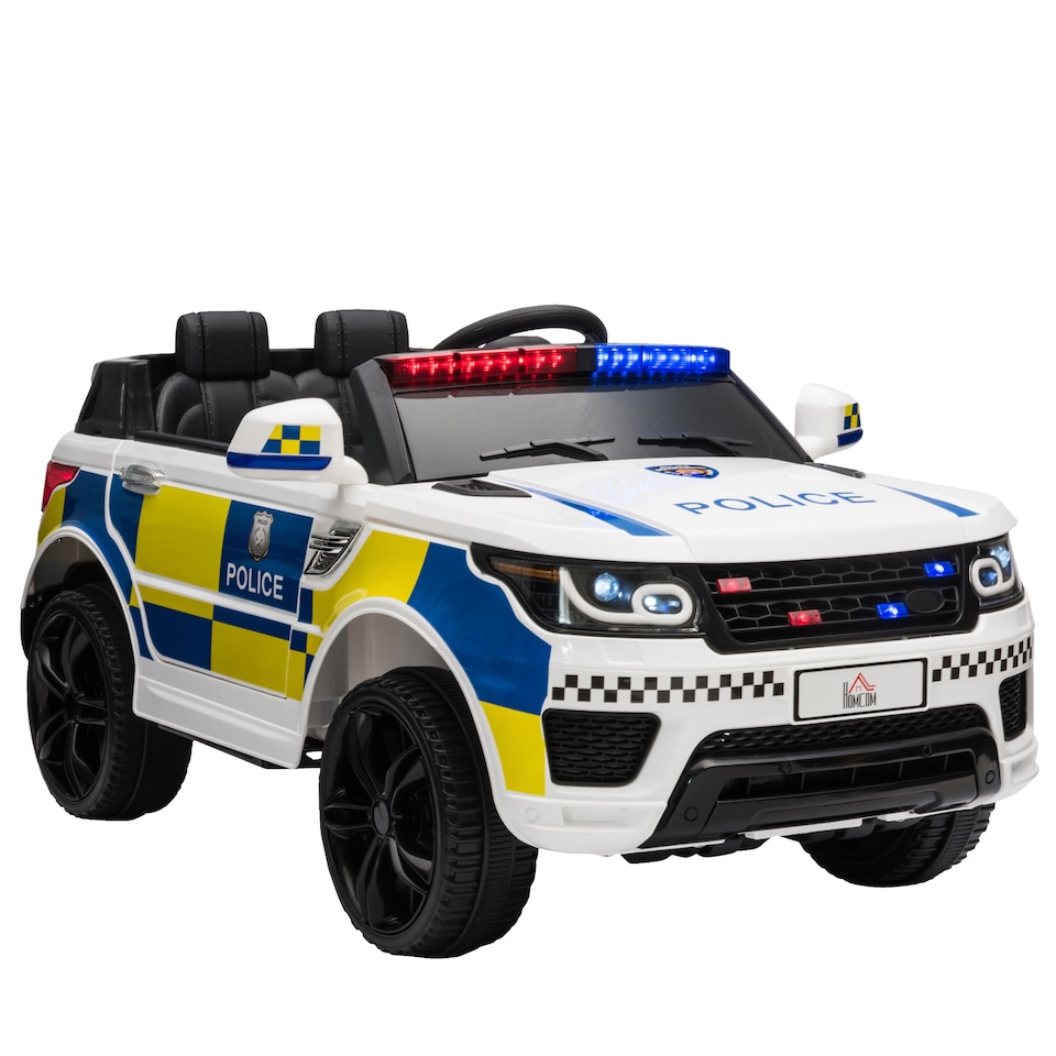 image 1 of HOMCOM 12V Electric Car for Kids, Ride on Police Car with 2 Motors, Remote Control, Siren Flashing Lights, Suspension, USB, Auxiliary Wheels, Pull handle, for 3-6 Years, White