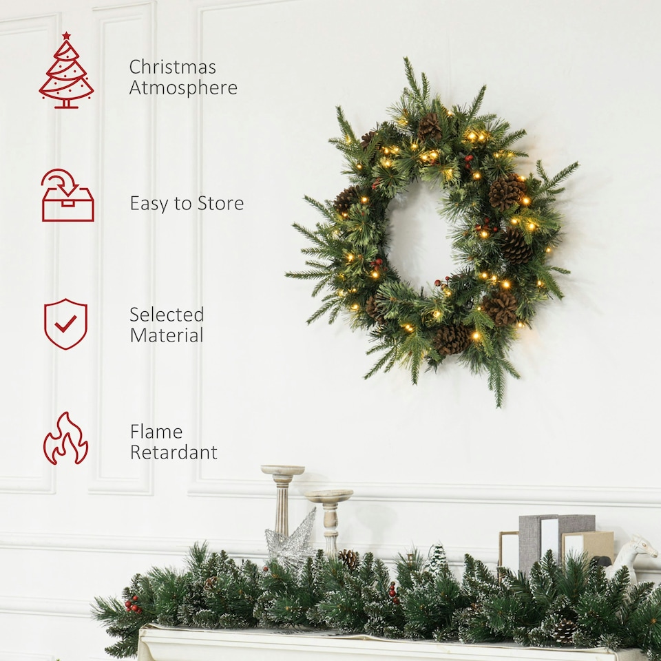 image 1 of HOMCOM 60cm Christmas Wreath with LED Lights Pine Cones Red Berries Green