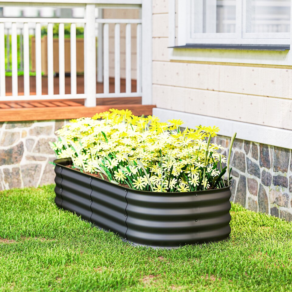 image 1 of Outsunny Galvanised Raised Garden Bed Planter Box with Safety Edging, Dark Grey