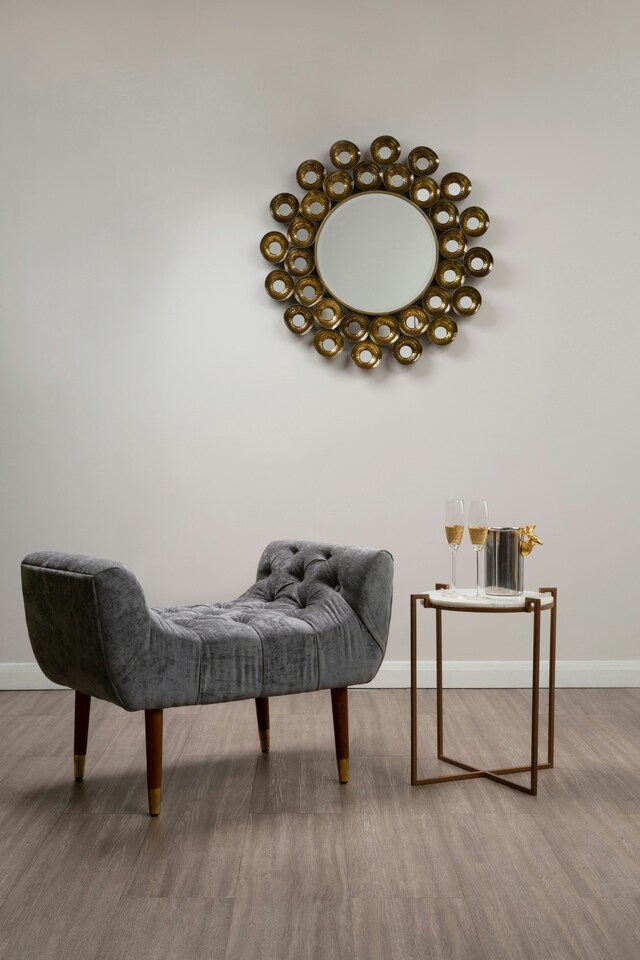 image 1 of Classic Grey Chenille Stool,Decorative Wooden Seat,Metallic Gold Finished Lounge Seat With Pointed Feet | Grey