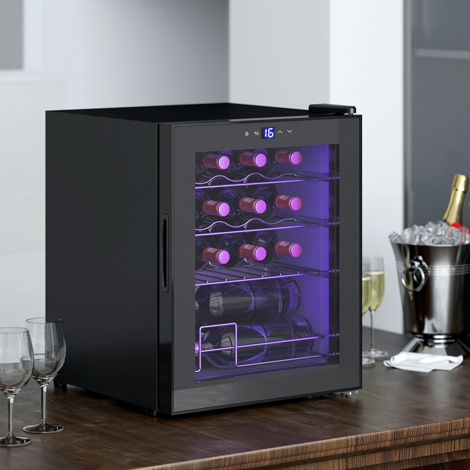 image 1 of HOMCOM Freestanding Wine Cooler Fridge, 16 Bottle, 42 Litre Capacity, 43cm Under Counter Drinks Beer Wine Fridge with Glass Door, LED Light, Digital Touch Screen, Temperature Control, Black