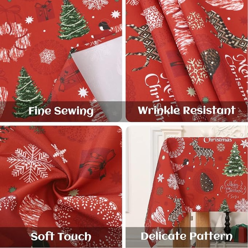 image 1 of London Boutique Red Christmas Tablecloth, Waterproof Polyester Table Cover with Reindeer Wreath Xmas Tree Print