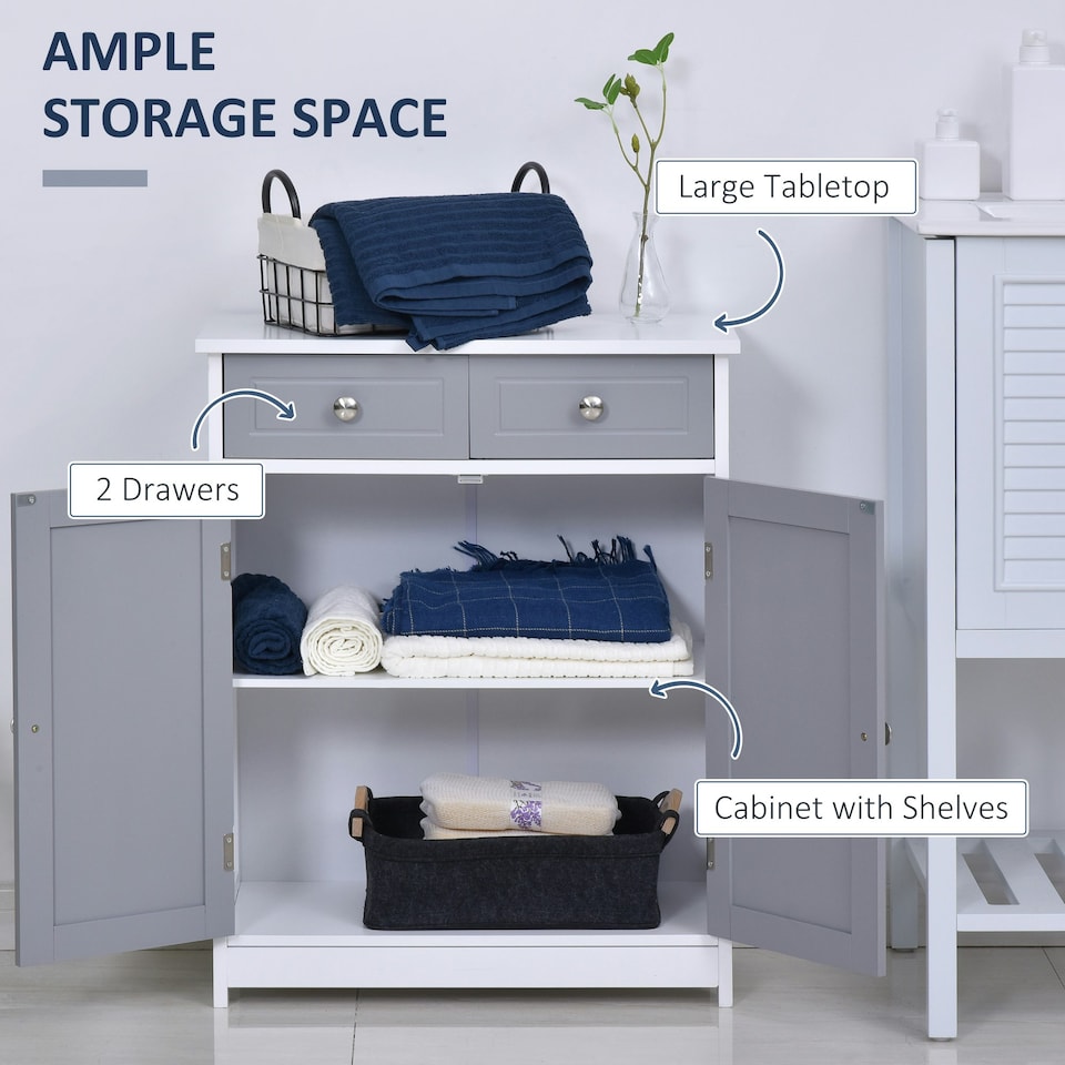 image 1 of kleankin Bathroom Floor Storage Cabinet w/ 2 Drawers Door Cupboard Grey White