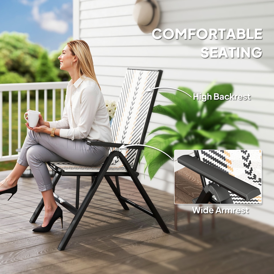 image 1 of Outsunny Folding Rattan Garden Chairs Set of 2, 5-Position Reclining Garden Dining Chairs, High Back PE Wicker Outdoor Recliners with Armrest and Steel Frame for Patio, Terrace, Balcony, Black | Black | Black