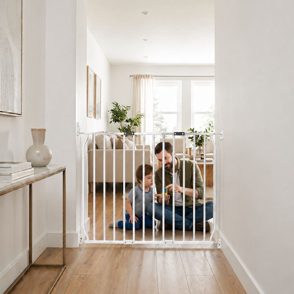 image 1 of Safetots Extra Tall Eco Screw Fit Baby Gate, White, 80cm - 90cm, Extra Tall Gate 100cm in Height, Stair Gate for Baby, Screw Fitted Safety Gate, Easy Installation