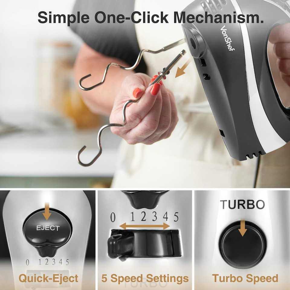 image 1 of VonShef 300W Black Hand Mixer Electric Whisk with 5 Speeds