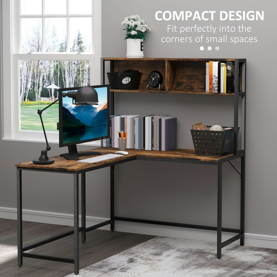 image 1 of HOMCOM Industrial L-Shaped Work Desk & Storage Shelf Steel Frame Adjustable Feet
