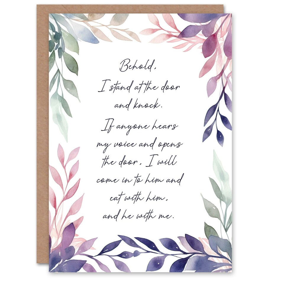 image 1 of Behold Stand at Door and Knock Violet Floral Bible Christian Birthday Card