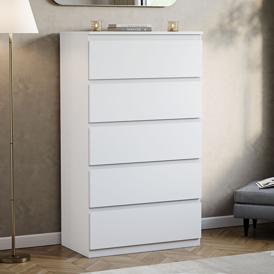image 1 of Vida Designs Denver 5 Drawer Chest of Drawers Bedroom Storage, White