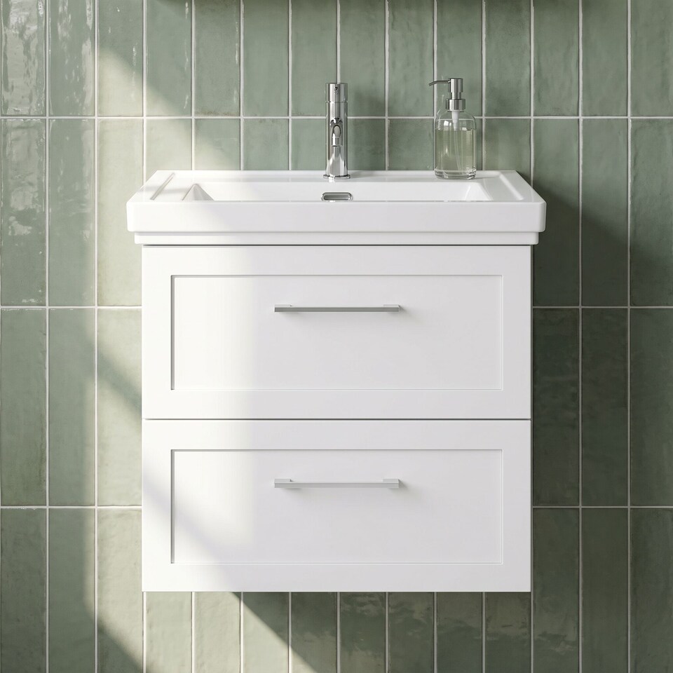 image 1 of Balterley Stonnall Traditional Wall Hung 2 Drawers Vanity Unit with Traditional 1 Tap Hole Fireclay Basin, 600mm, Matt White