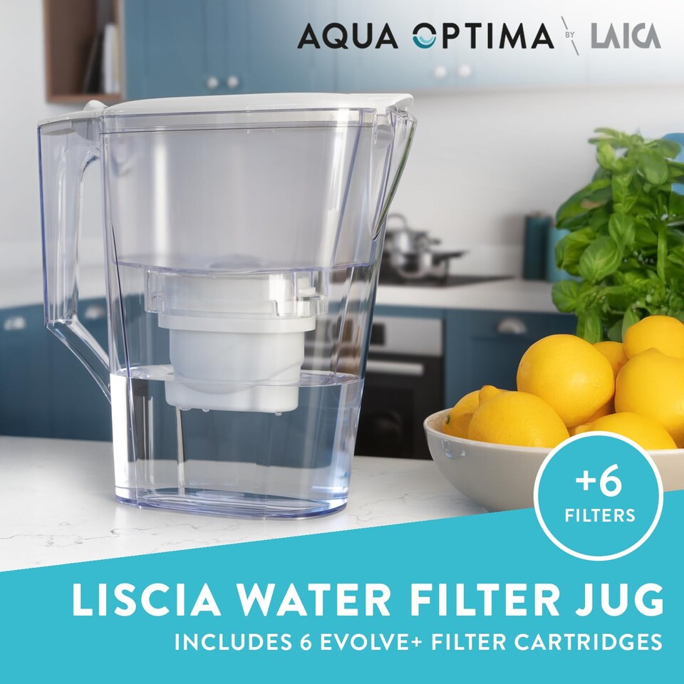 image 1 of Aqua Optima Liscia Water Filter Jug & 6 Evolve Filter Cartridges 2.5L White - Fridge & Dishwasher Friendly, Easy Fill - Reduces Limescale, Chlorine & Other Impurities - By LAICA (Packaging May Vary)