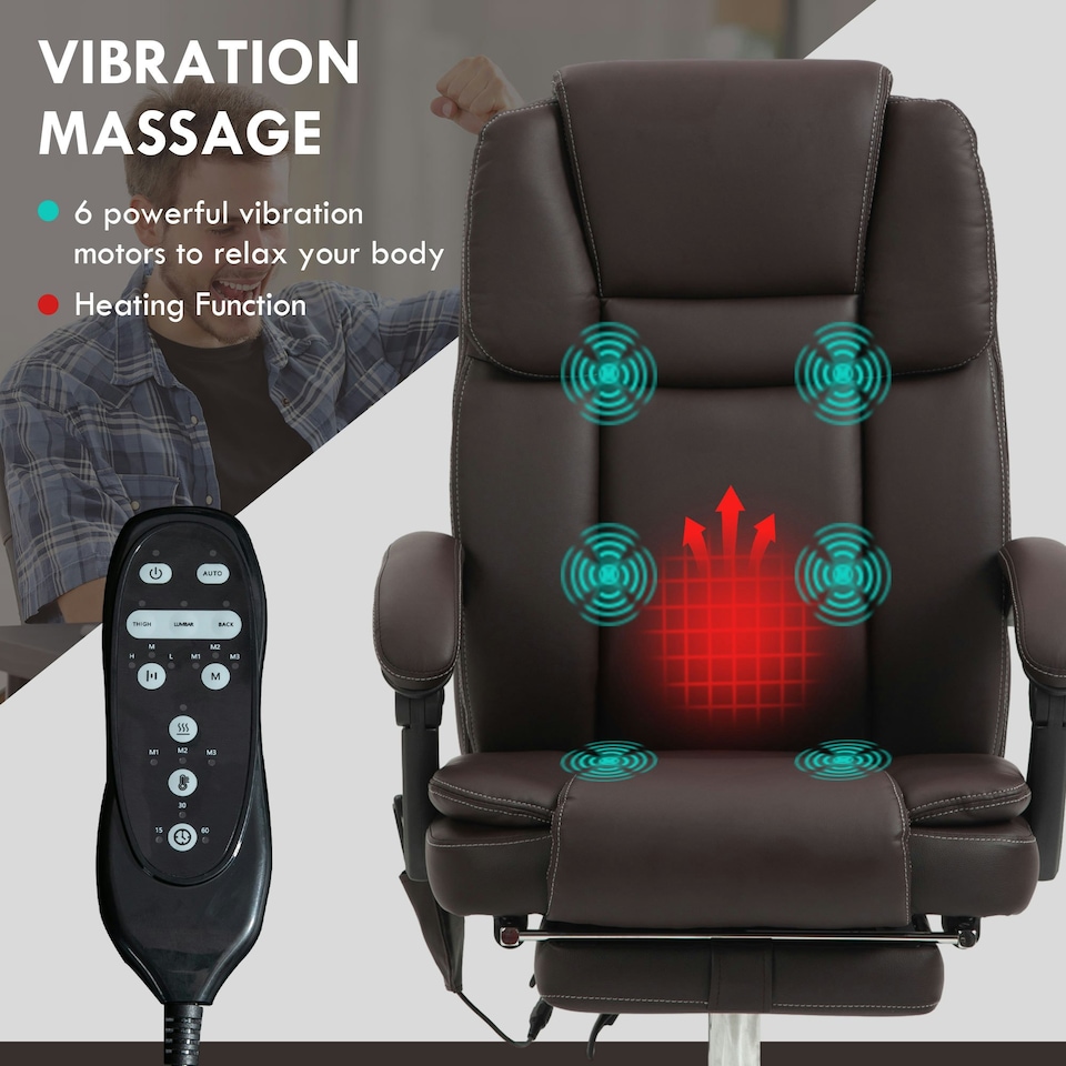 image 1 of Vinsetto Massage Office Chair, PU Leather High Back Recliner, Dark Brown