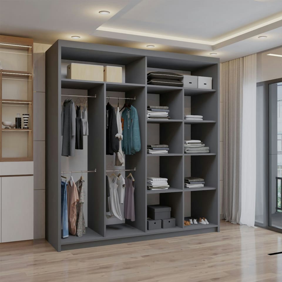 image 1 of Sliding wardrobes 4U Modern Full Mirror Sliding Door Wardrobe Multi Size & Color Options - 203cm Grey | 203cm