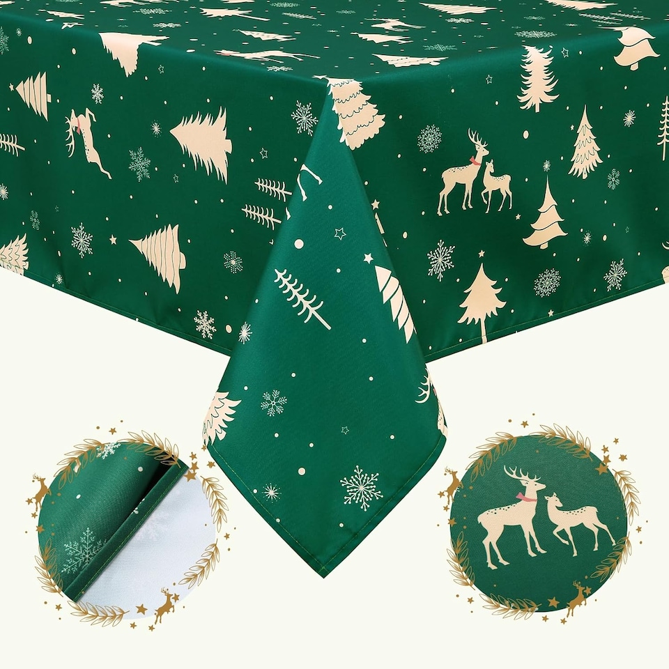 image 1 of London Boutique Christmas Tablecloth, Deer Pattern, Waterproof Table Cloth, 54 x 79 inch, Green