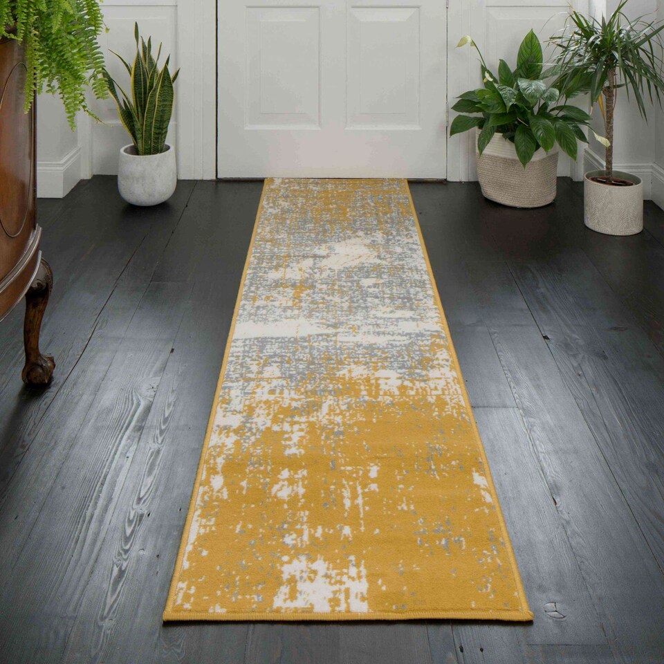 image 1 of KUKOON Yellow Ochre Grey Distressed Abstract Living Area Rug 240cm x 330cm