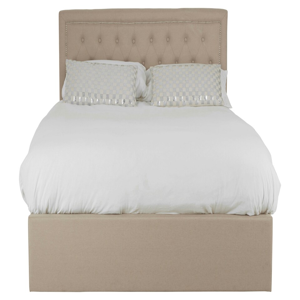 image 1 of Interiors By Premier Elegant Beige Velvet Double Ottoman Bed, Classic Button Tufted Bedroom Bed, Ottoman Stud Detailed Bed