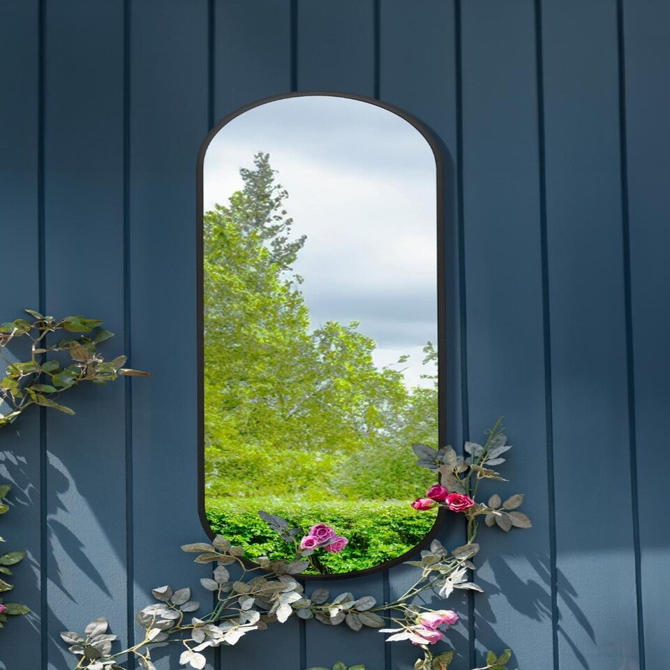 image 1 of The Vultus - New Black Metal Framed Double Arched Garden Wall Mirror 71" X 24" (180CM X 60CM) Suitable for Outside and Inside Black
