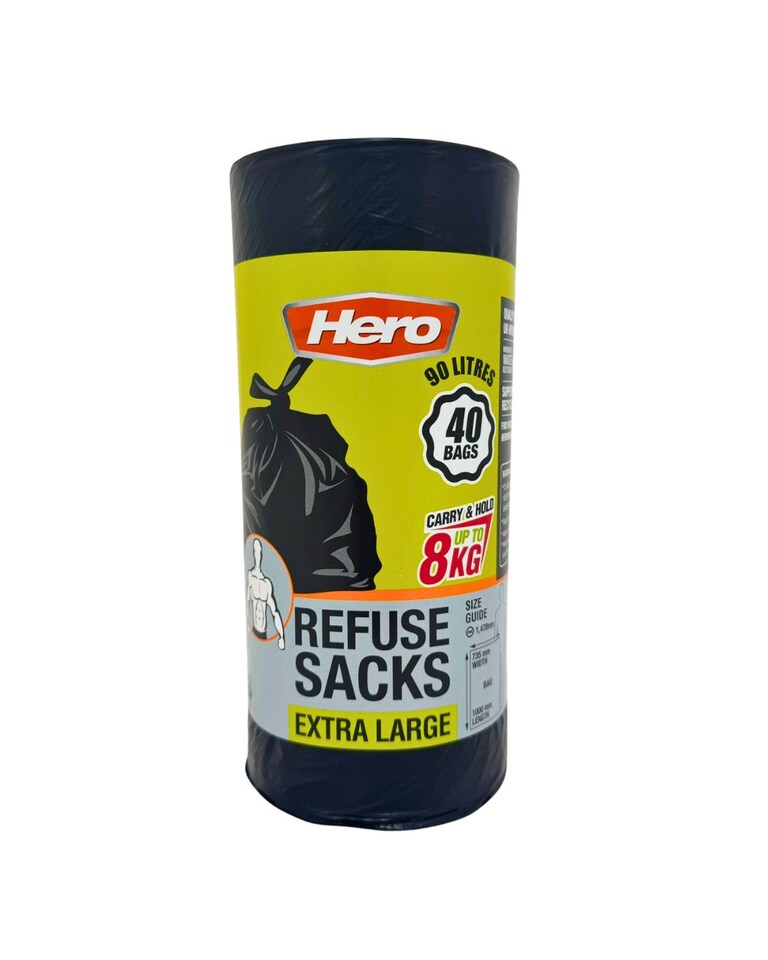 image 1 of Hero 90L Strong Durable Bin Bag Liners – 40 Extra Large Heavy Duty Tear-Resistant Black Refuse Sacks for Household & Commercial Waste | Black | Black | 90L | 80