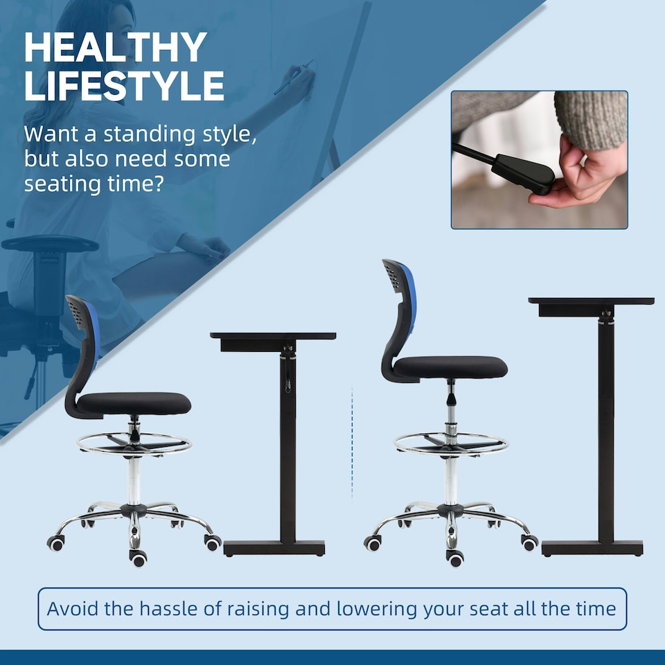 image 1 of Vinsetto Draughtsman Chair, Tall Office Chair with Lumbar Support, Blue