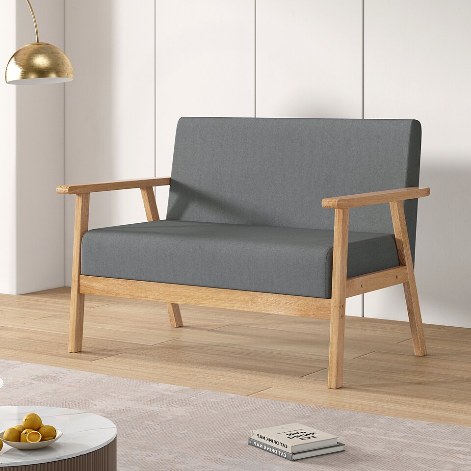 image 1 of 2 seater Linen Fabric Wooden sofa With Comfortable Padded Settee Country