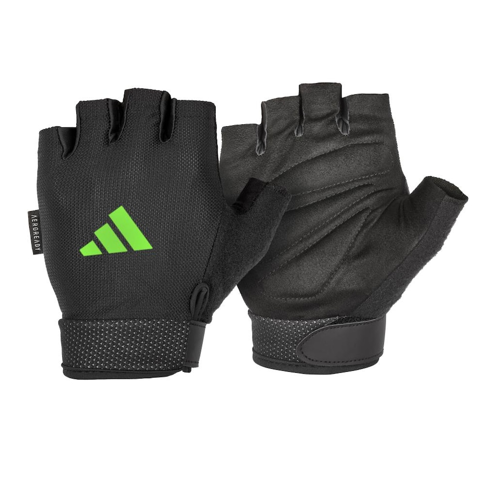 image 1 of Adidas Essential Adjustable Training Gloves, Aeroready Cooling, Padded Suede Palms. | Black | Blue | M