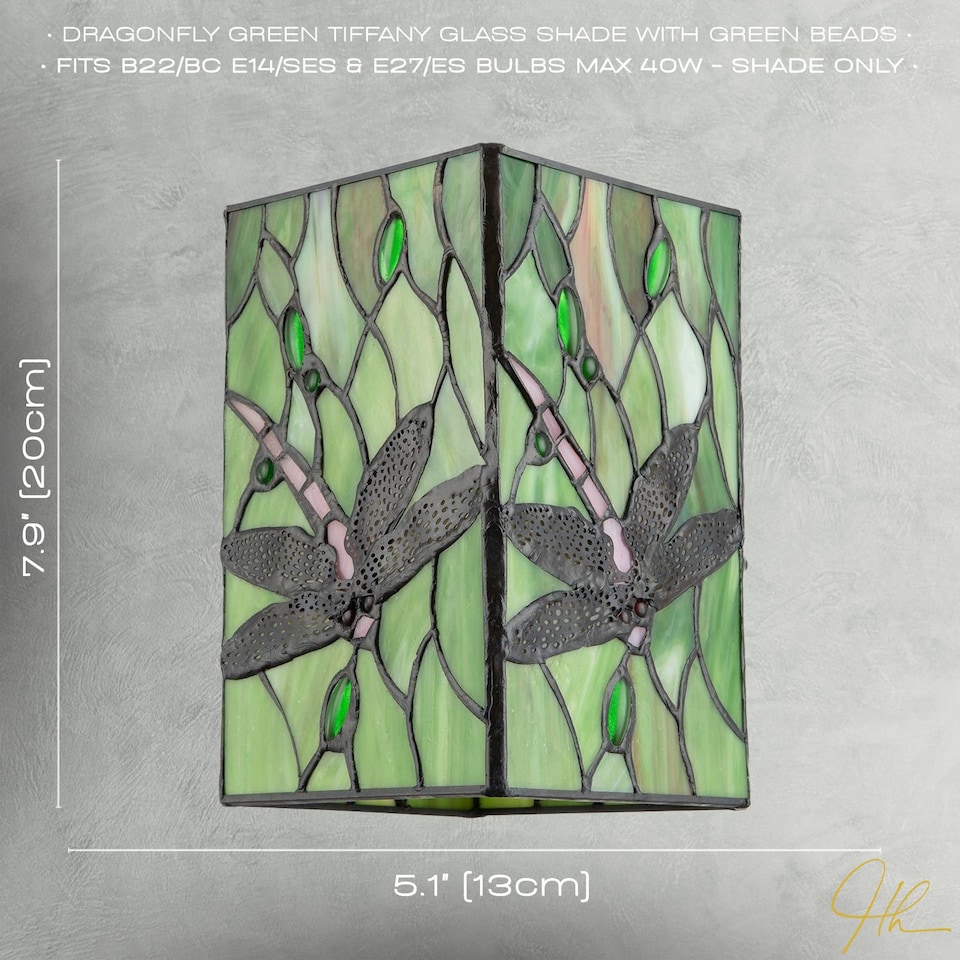 image 1 of Green Stained Glass Dragonfly Rectangular Tiffany Pendant Light Shade | Green | Green | 1