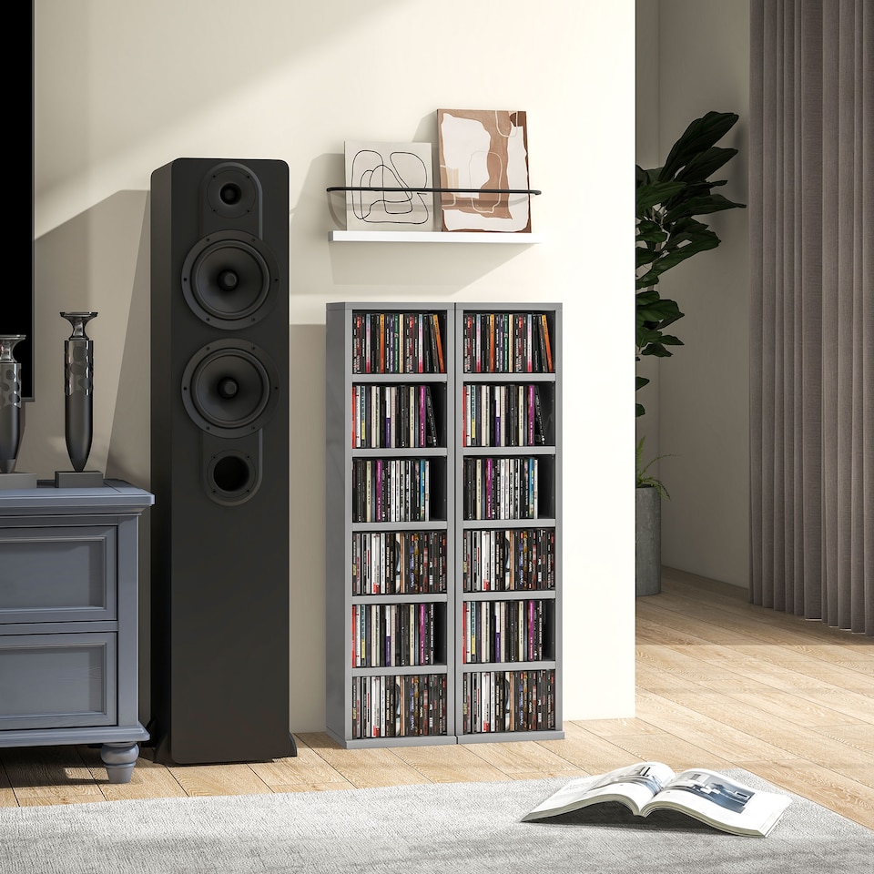 image 1 of HOMCOM Set of 2 CD Storage Units DVD Shelf with Adjustable Shelves | Grey | High Gloss Grey | 21W x 22.5D x 88.5H cm