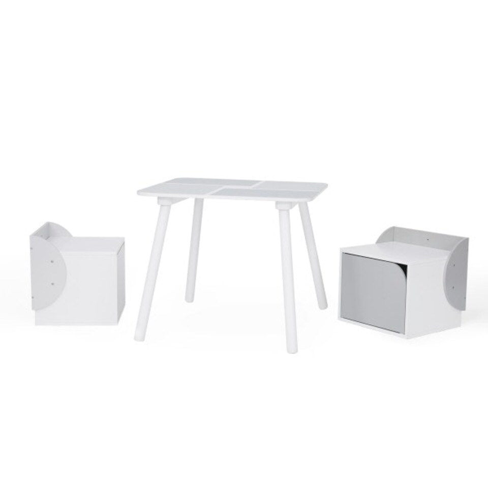 image 1 of Teamson Kids Biscay Bricks Square Table and Two Chair Cubes with Underneath Storage, Grey/White