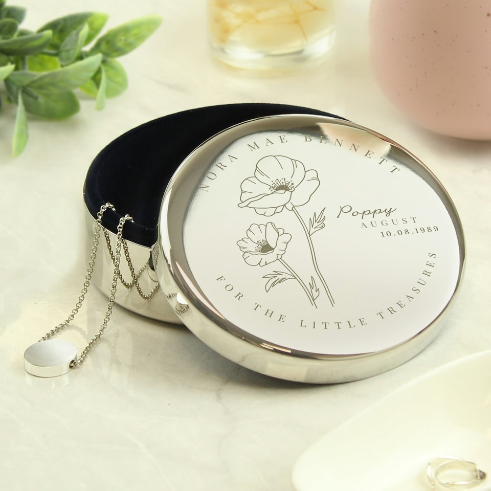 image 1 of Personalised August Birth Flower Round Trinket Box