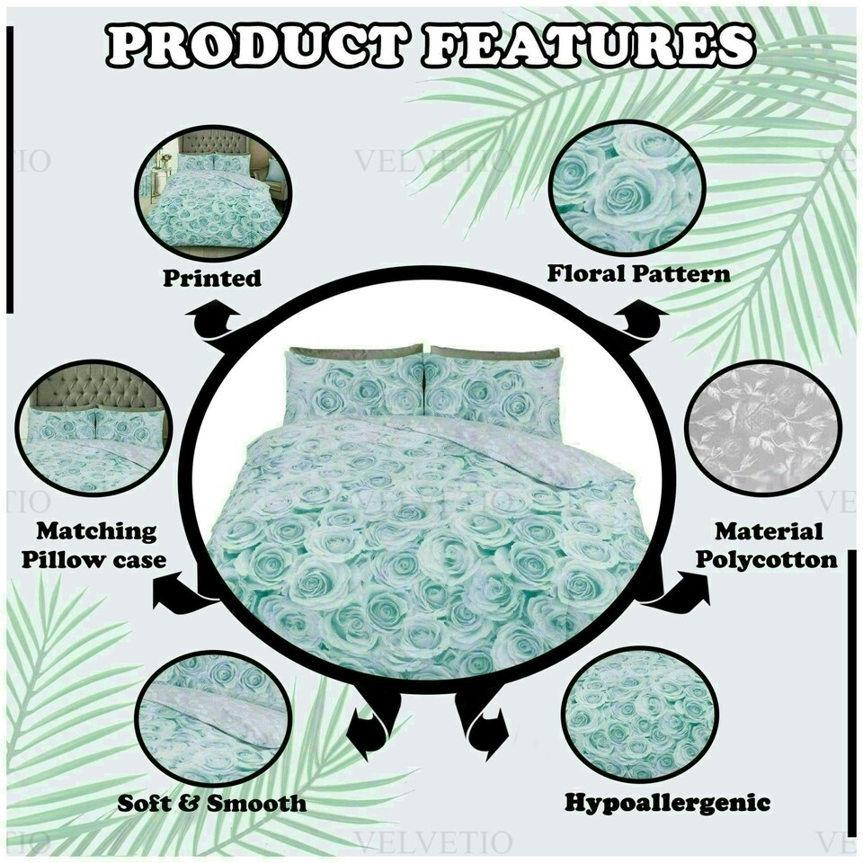 image 1 of VELVETIO Bellerose Floral Printed Duvet Cover Set Rebersible Polycotton Beddings Green | Duck Egg | Double
