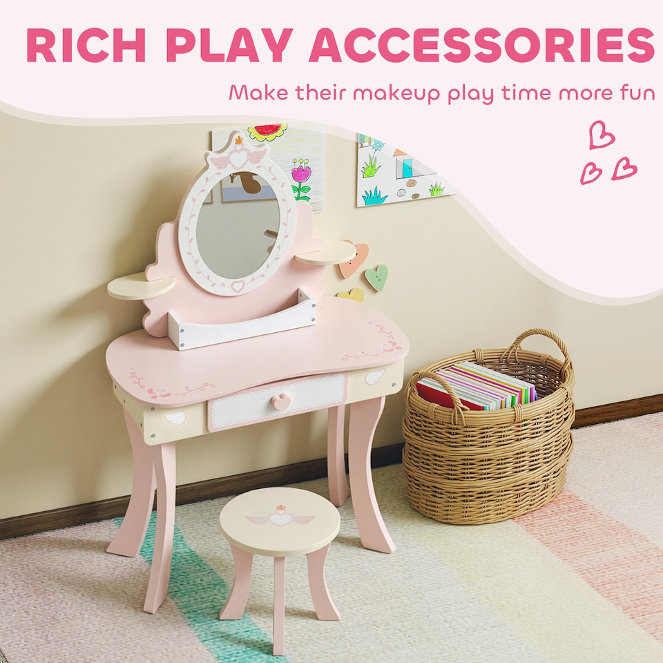 image 1 of AIYAPLAY Kids Dressing Table, Girls Vanity Set w/ Stool, 7 Play Accessories