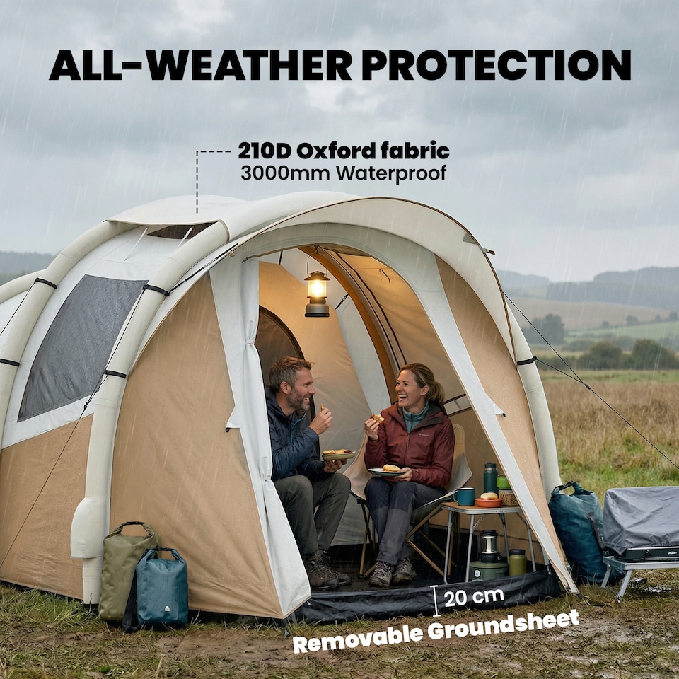 image 1 of Outsunny Inflatable Camping Tent w/ Air Pump, 2-3 Person Blow Up Tent | Brown | Khaki, Beige | 480 x 280 x 195 cm