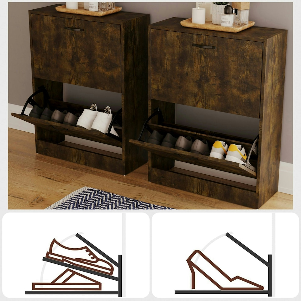image 1 of Vida Designs 2 Drawer Shoe Cabinet Shoe Rack Storage Cupboard, Dark Wood