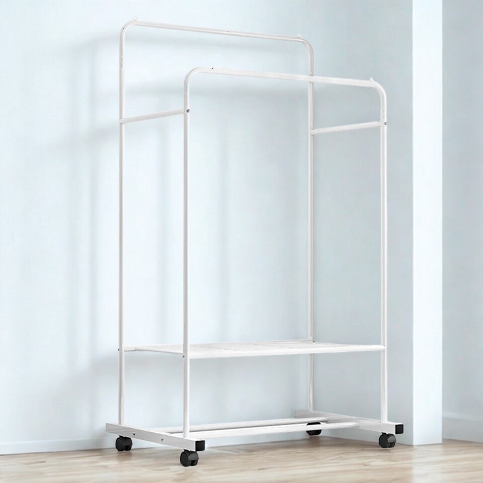 image 1 of Metal Clothes Rail Open Wardrobe With 2 Storage Shelves and Wheels