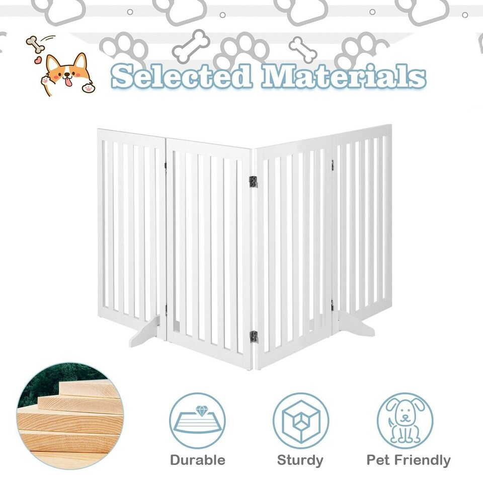 image 1 of COSTWAY 4-Panel 89 cm Pet Barrier Wooden Freestanding White