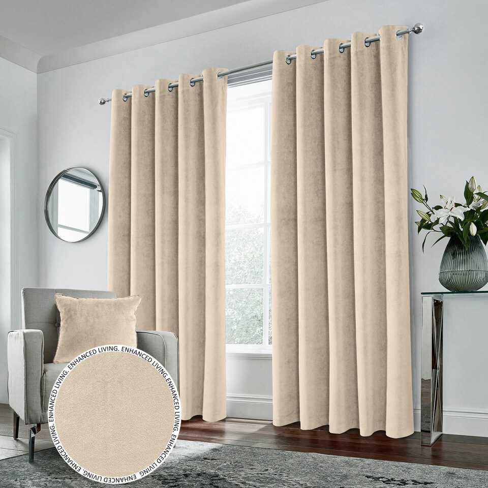 image 1 of Hampton Cream Velvet Curtains 66 x 90 inch (168 x 229 cm) 100% Blackout Eyelet Thermal Noise Reducing Curtains for Bedroom and Living Room