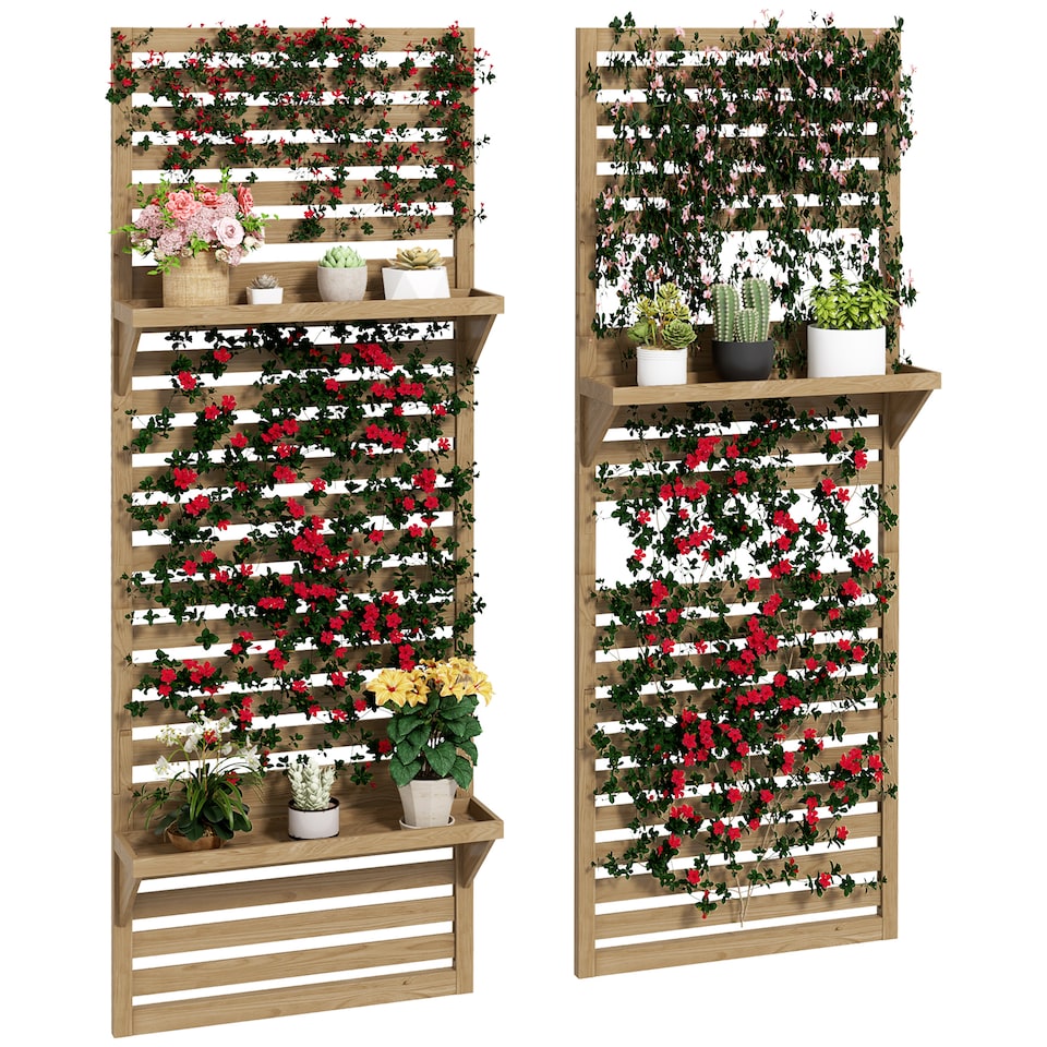image 1 of Outsunny Wall Mounted Plant Stands Set of 2 with Shelves and Slatted Trellis