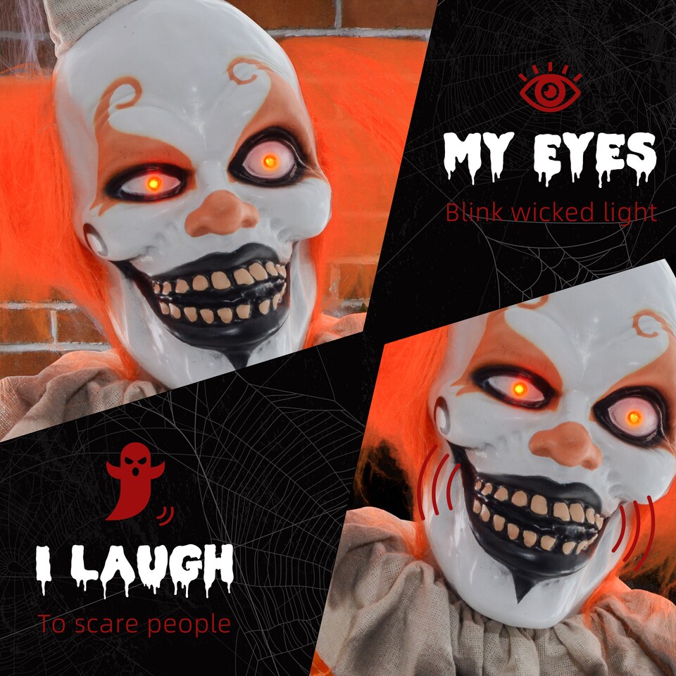 image 1 of HOMCOM 183cm 72 Orange Classic Clown Outdoor Halloween Decoration, Halloween Animatronic with Sound Activated, Light Up Eyes, Sound Effects, Animated Prop for Haunted House