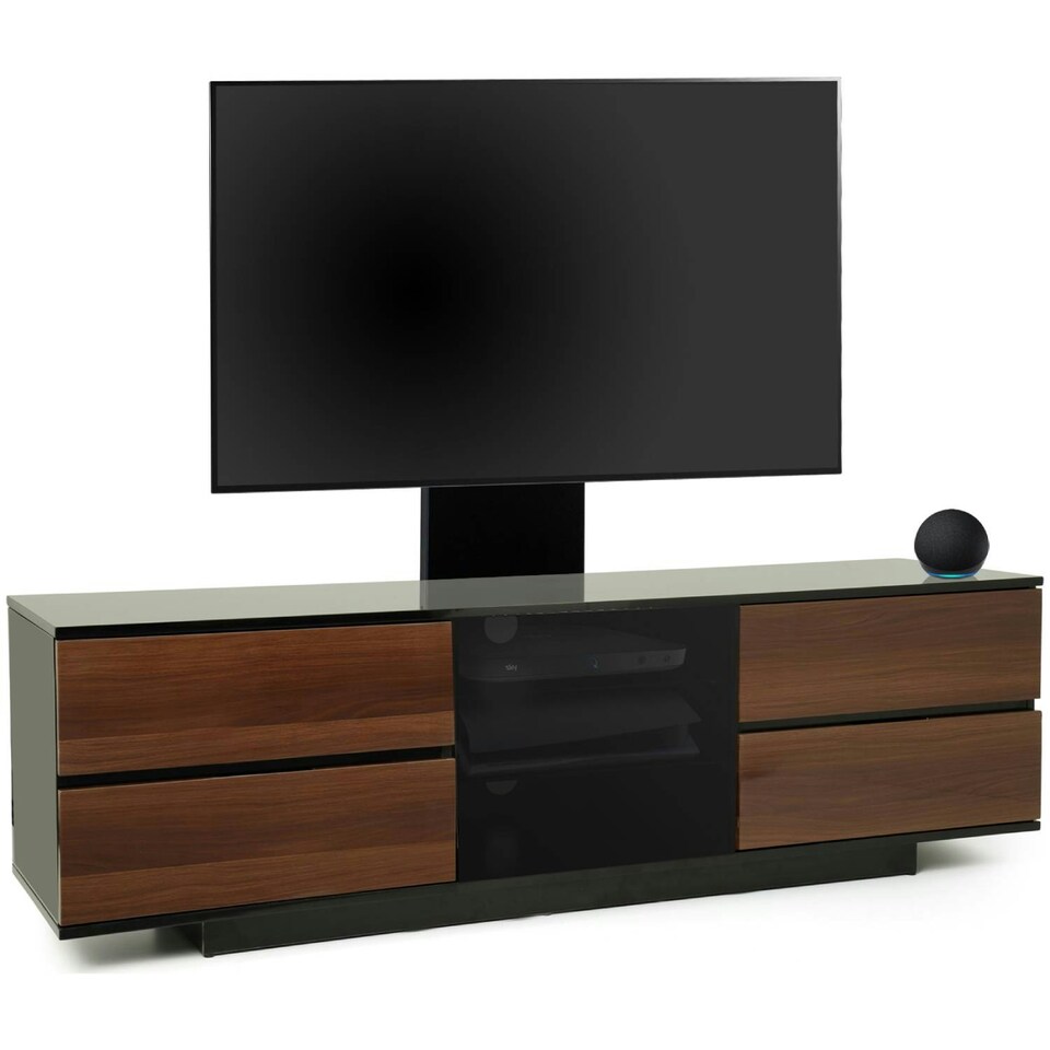 image 1 of Centurion Supports AVITUS ULTRA Gloss Black Remote Friendly BeamThru Door with 4-Walnut Drawers up to 65" Flat Screen TV Cabinet with Mounting Arm Black