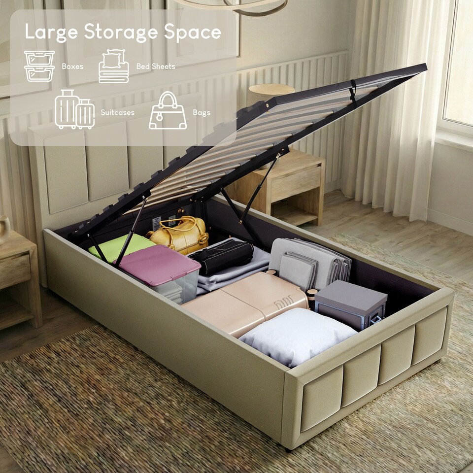 image 1 of Vida Designs Vanita Single Ottoman Lift Up Storage Space Fabric Bed Frame, Beige