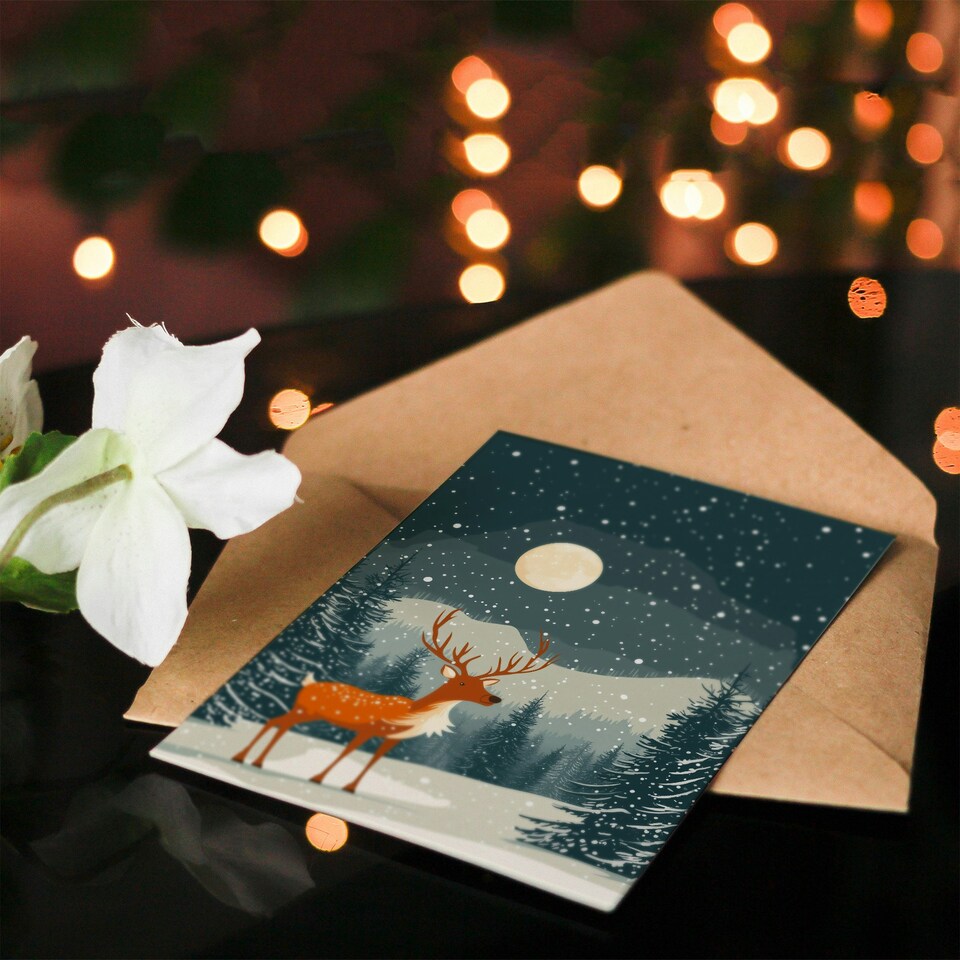 image 1 of Reindeer Moon North Pole Winter Snow Blank For Him Or Her Art Xmas Festive Christmas Card