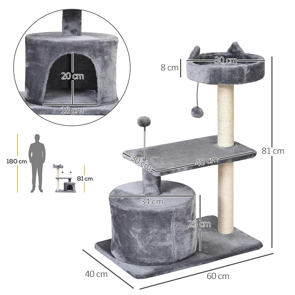 image 1 of PawHut 81cm Cat Tree Climbing Tower for Indoor with Scratching Post Grey