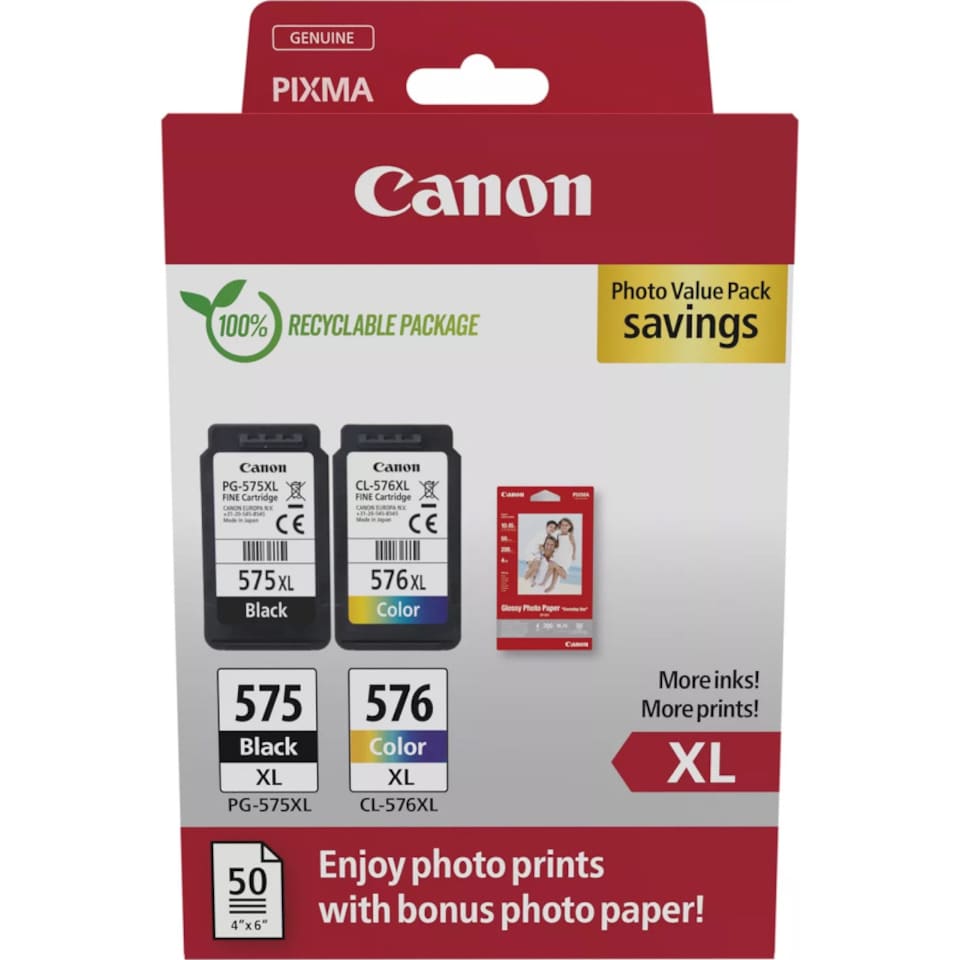 image 1 of Canon PG-575XL Black & CL-576XL Colour High Yield Original Ink Cartridges, Pack of 2, Includes 50 sheets of 4x6 Photo Paper