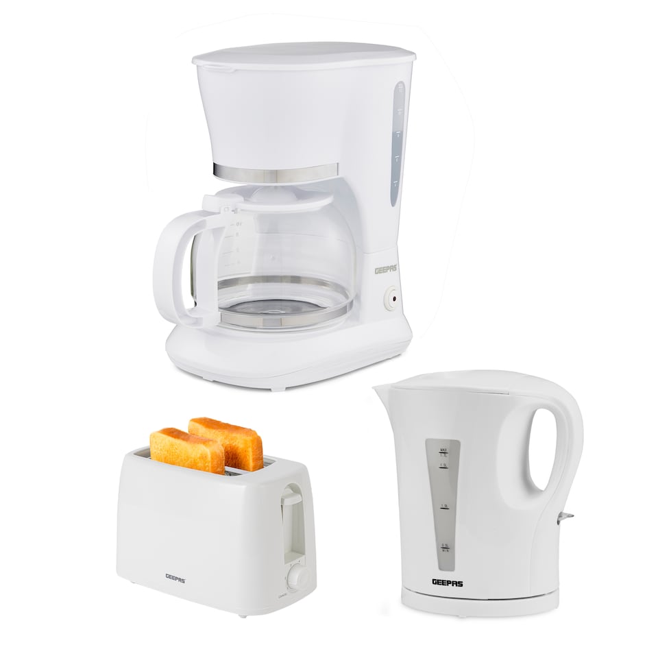 GEEPAS 1.5L Filter Coffee Machine, 1.7L Electric Kettle & 2 Slice Toaster Combo Set