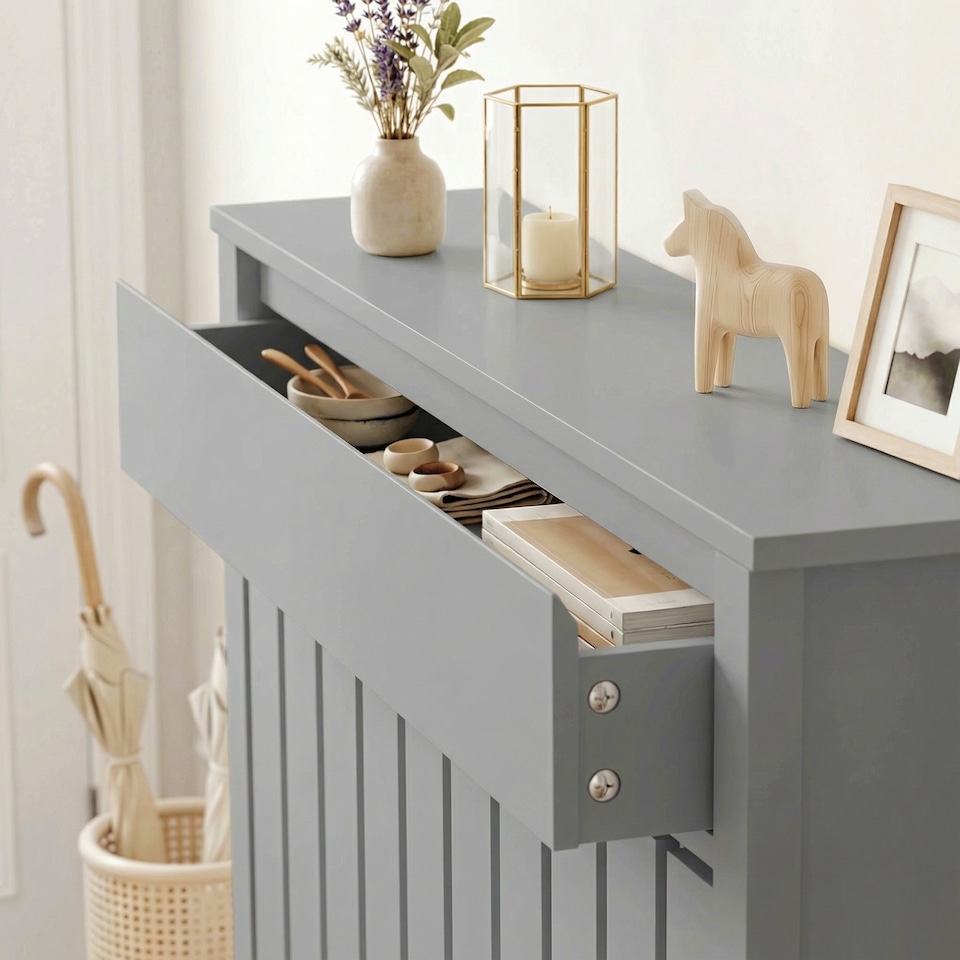 image 1 of HOMCOM Radiator Cover with Drawer and Vertical Slats Grey