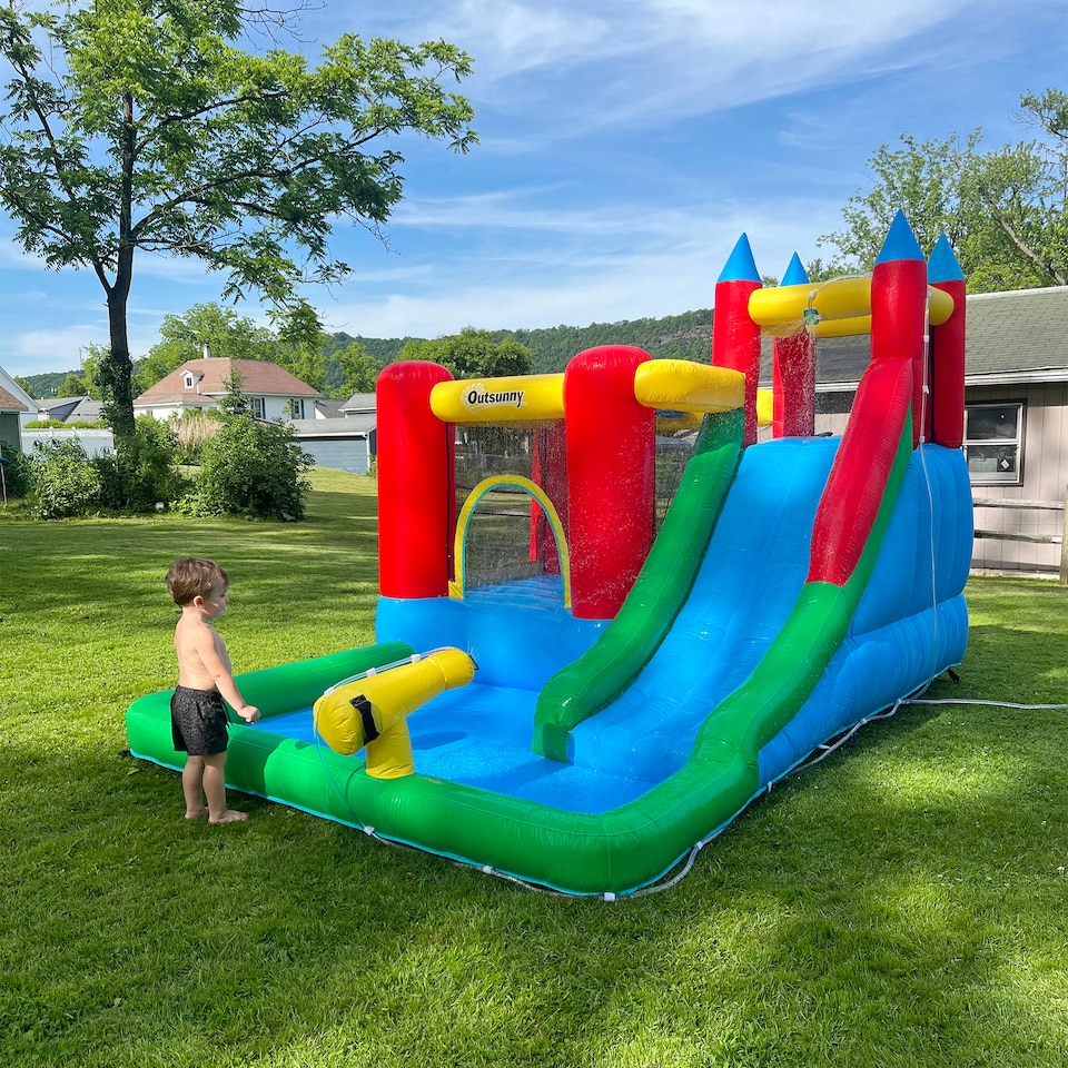 image 1 of Outsunny Kids Bouncy Castle w/ Slide Water Pool Climbing Wall & Trampoline | Multi | Blue, Yellow, Green, Red | 208H x 323L x 236Wcm