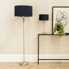 ValueLights Maggie Brushed Chrome Candlestick Floor Lamp with Black Shade with LED Bulb